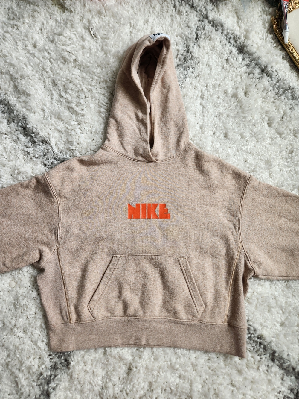 Nike Tan Cropped Hoodie with Orange Logo Womens Small